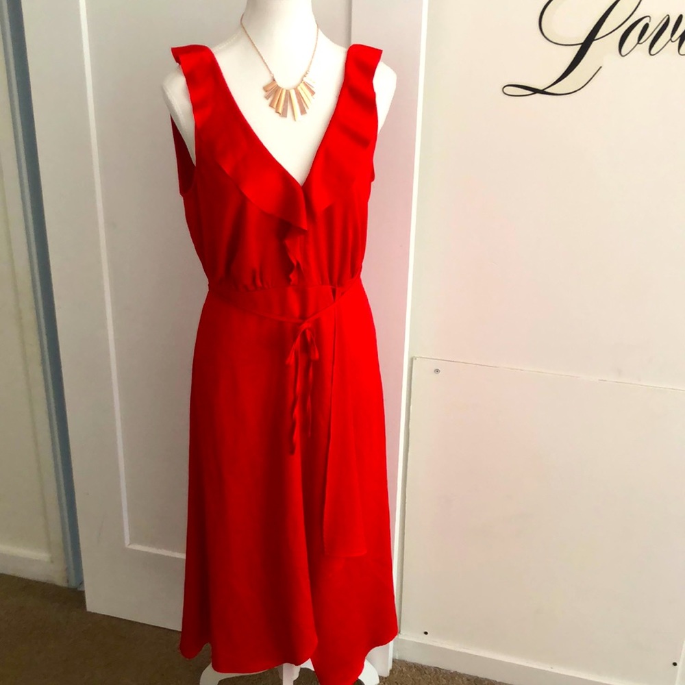 French connection red faux wrap open back midi dress